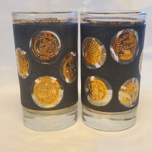 2 Vintage Libbey Mid Century Black & Gold Coin High Ball Glasses